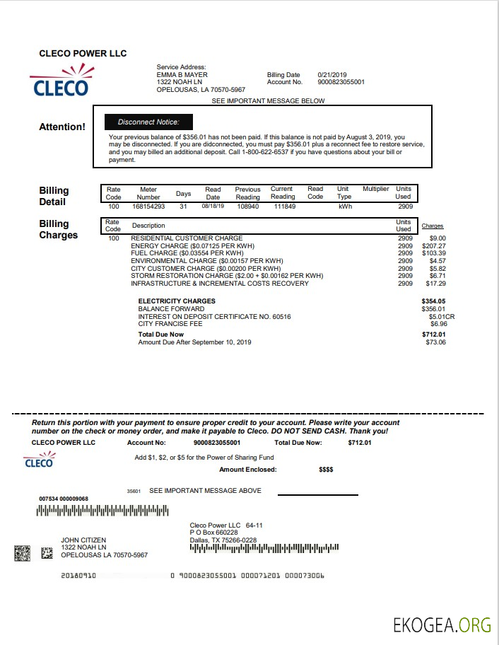 USA Louisiana Cleco Power electricity utility bill template in Word and PDF format